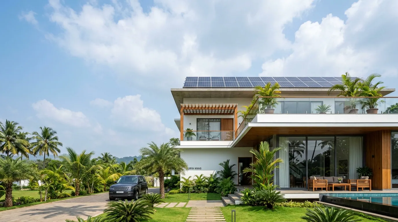 A modern South Indian villa with a rooftop solar array